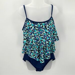 Maxine of Hollywood Swimsuit Womens 14 Blue Print Tiered Ruffle Beach 1 Pc